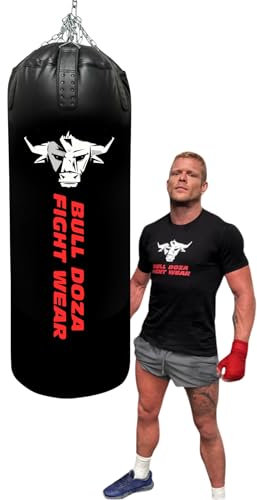 BULL DOZA FIGHT WEAR Selbstbefüllbarer Hochleistungs-Boxsack – mit hängenden Ketten, Wirbel, Karabiner – Boxsack für MMA, Kickboxen, Muay Thai, Taekwondo, Kampfsport (Schwarz, XL Tank 5FT)