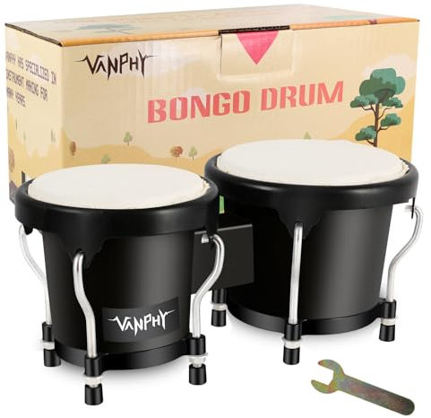 VANPHY Bongo-Trommel, 10,2 cm und 12,7 cm, Set für Erwachsene, Anfänger, stimmbar, natürliche Haut, Bongos, Percussion-Instrumente mit Stimmschlüssel und Geschenk-Box, Schwarz