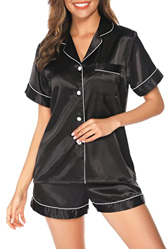 Lovasy Pijama Saten Mujer Manga Corta Botones Conjunto De Pijama Verano Pijama Shorts Set 2 Piezas,Negro,M