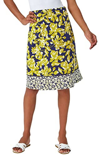 Roman A-Line Skirt for Womens UK - Ladies Knee Length Skirts Stretchy Elasticated Waist Smart Casual Work Cotton Contrast Detail Shape Spring Summer Holiday - Lime - Size 20