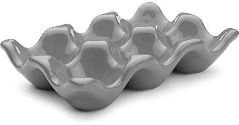 Flexzion Ceramic Egg Holder for Fridge - 6 Cups Egg Tray Half Dozen Porcelain Container Keeper Storage Organizer Decorative Serving Dish Serveware for Refrigerator Countertop Display Kitchen (Gray)