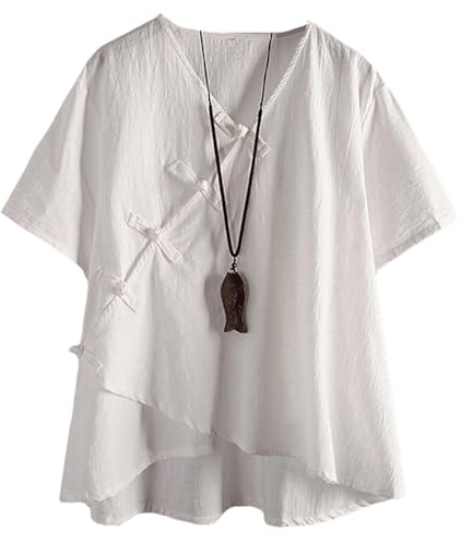 Minibee Women's Linen Retro Chinese Frog Button Tops Blouse White 3XL