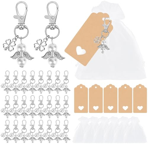 RUNEAY Schutzengel Anhänger Hochzeit 30 Stück, Gastgeschenke Schutzengel Schlüsselanhänger Mit Vierblättriges Kleeblatt Glücksbringer Organza Beutel Kraftpapierkarte für Hochzeit, Taufe, Geburtstag