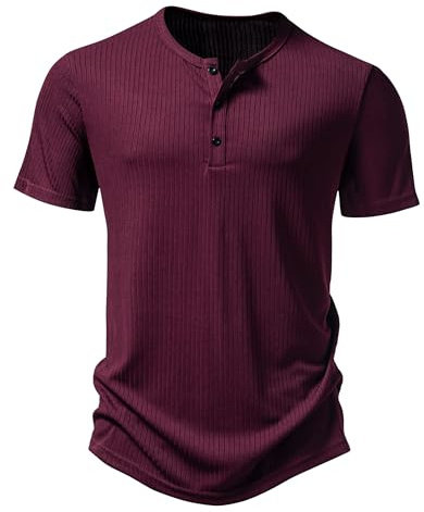 Men's Casual Grandad Collar Henley Shirt Smart Short Sleeve 3 Buttons Muscle Slim Fit Tee Summer Holiday Textured T Shirts Knitted Collarless Polo Tops-Burgundy-M