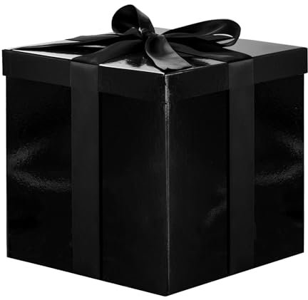 RUSPEPA Schwarze mittelgroße metallische Geburtstagsgeschenkbox mit Deckel, Band und Seidenpapier, faltbare Geschenkbox – 1 Stück, 23 x 23 x 23 cm, Schwarz