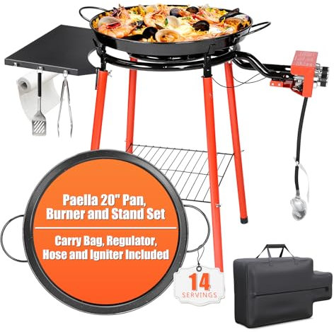 20 Inch Paella Pan Set, Paella Burner and Stand Set with lid,Paellera, Enameled Steel Paella Pan Paella Kit with Carry Bag, Built-In Ignitor Regulator Hose,16 Servings