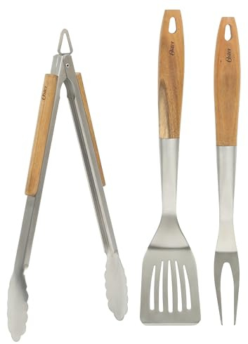 Oster Balincourt Stainless Steel Grilling Tool Set W/Wooden Handles, Tongs, Slotted Turner, and Fork Set