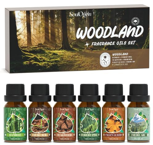 SoulOrigin Woodland Essential Oils Set for Oil Diffusers and Home, Scented Oils for Soap Candle Making 6x10ml - Forest Pine, Teakwood, Bamboo, Fresh Soil, Fallen Leaves, and Fresh Air