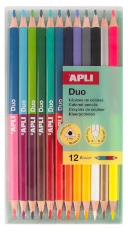 APLI Kids 20082 - Set de 12 Crayons Bicolores à Double Pointe (24 Couleurs) - Design Triangulaire Ergonomique - Mine Robuste 3 mm - Coffret Qualité Supérieure pour Dessin et Art