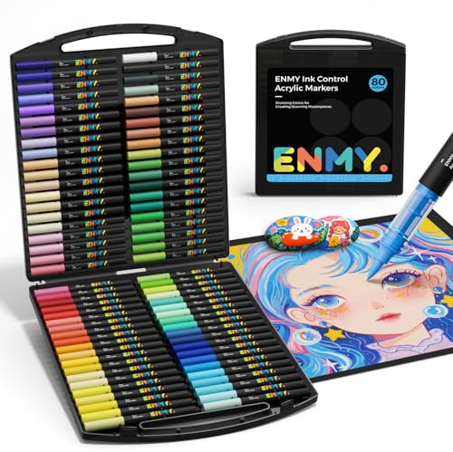 ENMY Marcadores de pintura acrílica de 80 colores, marcador de pintura acrílica líquida directa, marcadores de tela para textiles, lienzos, rocas, vidrio, madera, papel, bricolaje, bolígrafos