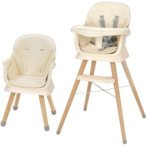 Hochstuhl Baby, Kinderhochstuhl, Babystuhl, Kombihochstuhl, Beine aus Holz, umwandelbar zu Sitzerhöhung & Barhocker, mit 5-Punkt-Gurt und abnehmbare Tablett (Beige)