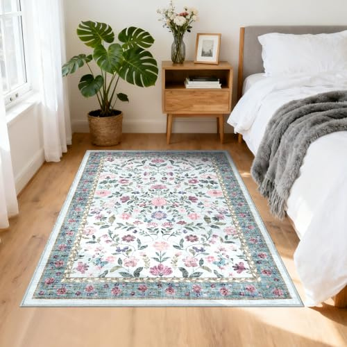 CAROMIO Washable Flower Area Rug 80x150 cm Low Pile Non-Slip Nursery Blue | Floral Children's Room Rug, Vintage Farmhouse Carpet for Bedroom Hallway Bedside, Distressed Boho, Easy to Clean, Ultra Thin