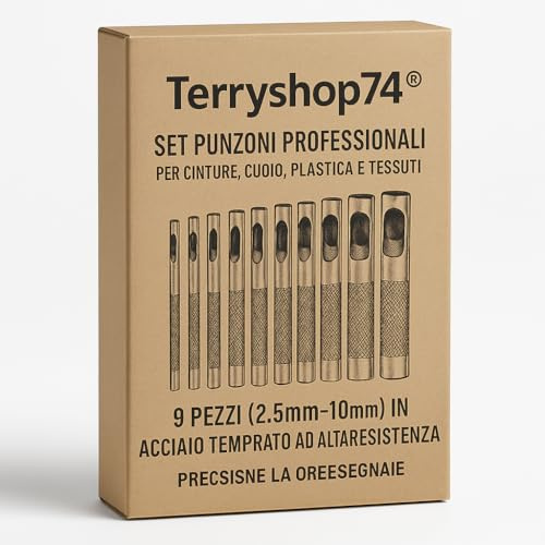 Terryshop74® Set Punzoni Professionali per Cinture, Cuoio, Plastica e Tessuti – 9 Pezzi (2.5mm-10mm) in Acciaio Temprato ad Alta Resistenza