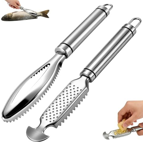 2 stycken fiskskalare i rostfritt stål, professionell fiskskalare, fisk desareterklämma, ta bort fiskfjäll snabbt, för kök, restaurang, silver