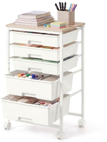 VASAGLE Chariot de Rangement à roulettes, 5 Niveaux avec 5 Tiroirs | Plateau en Bois, Cadre en Acier, 39,5 x 28,5 x 63 cm, pour Bureau, Chambre, Blanc, Collection BENCO LRC005W101