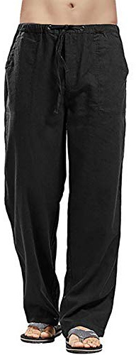 Vanvene - Pantaloni da uomo in lino, stile casual, vestibilità larga, elastico in vita con coulisse, pantaloni a gamba dritta per yoga, spiaggia Nero 3XL