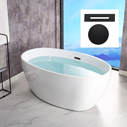 WOODBRIDGE 55 Acrylic Freestanding Bathtub Contemporary Soaking White Tub with Matte Black Overflow and Drain,B1418 -MB-Drain &O