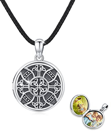 Collar con medallón de nudo celta de plata de ley 925, con cruz de plata de ley 925, medallón de fotos, collar celta que sostiene la imagen, colgante de joyería para mujeres, hombres, hijo, regalo