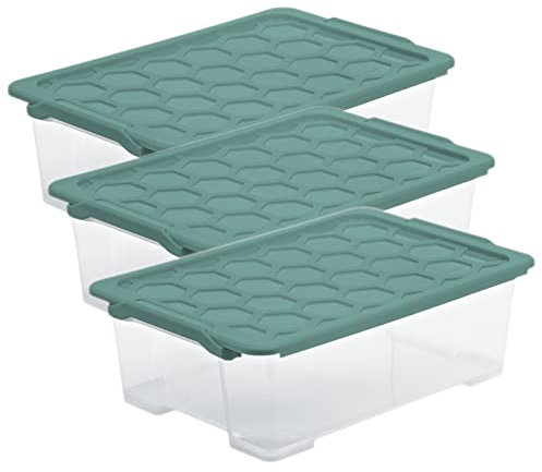 Rotho Evo Safe Keeping 3er-Set Aufbewahrungsboxen 30 l mit Deckel, Kunststoff, türkis/transparent