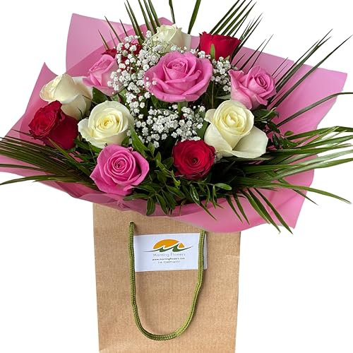 Thinking of You Fresh Cut Flowers Bouquet, Arrangement White - Red - Pink - Roses and Baby's Breath For birthday, anniversary, Mum Gift, Festive celebration.