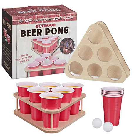 Relaxdays Américain Set Beer Pong, Boire 16 pièces, 12 gobelets, Supports & balles, Jeu d’Alcool Adultes, Naturel/Rouge, 10039136, 13 x 31 x 27,5 cm