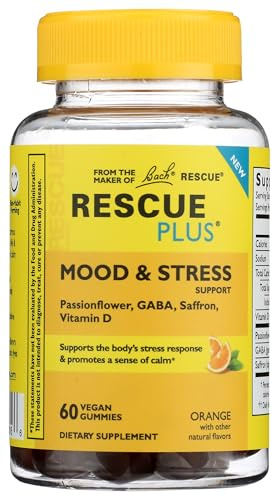 Bach Rescue Plus Mood & Stress Support Gummies, Daytime Dietary Supplement with Passionflower, GABA, Saffron & Vitamin D, Natural Orange Flavor, Vegan & Gluten-Free, 60 Count
