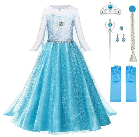 URAQT Elsa flicka kostym med 6 prinsessor tillbehör, Elsa-klänning för karneval, cosplay, fest, halloween, jul, Ljusgrön, 110