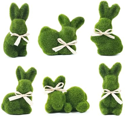 naturevibe 5 Inches Moss Easter Bunny Home Decor, Set of 6 Artificial Moss Rabbit for Easter Decorations,Cute Bunny Figurines as Spring Decor
