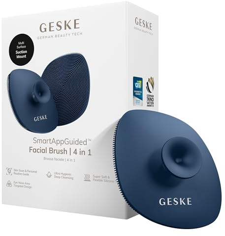 GESKE SmartAppGuided™ Facial Brush | 4 in 1 | professional facial cleansing brush with handle | skin cleansing soft silicone facial brush | routine skincare | gentle cleansing | facial cleanser