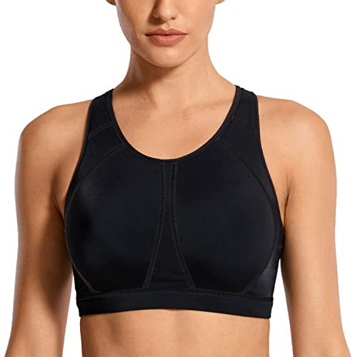 SYROKAN Women's Sports Bra for Large Breasts High Impact Full Coverage Padded Wireless Running Halter Neck Bra Black 2 34F