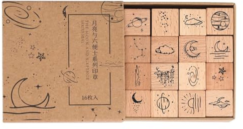 Namvo 16 Uds. Juego de Sellos de Goma y Madera Luna y Estrella Juego de Sellos de Madera Decorativos Universo Planeta Sello para Manualidades DIY Calendario para Hacer Tarjetas