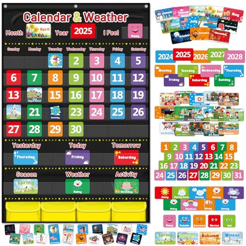 Calendar and Weather Pocket Chart for Kids Learning, Large 44.5”x28” Homeschooling Calendar Pocket Chart with 113 Cards, Teacher and Back to School Supplies