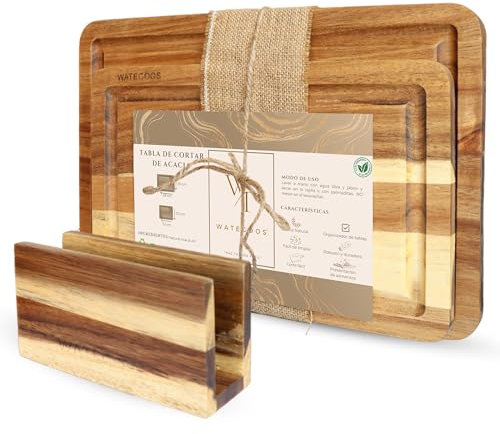 WATEGOOS Pack 2 Tablas de Cortar Cocina de Madera Acacia + Soporte - Tabla de Cortar Grande y Pequeña para Presentación de Quesos - Madera Ecológica y Resistente.