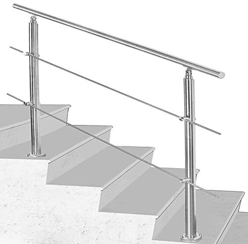 Herrselsam Pasamanos de acero inoxidable exterior 180 cm, barandilla para escaleras interior y exterior, barandilla con 2 travesaños, barandilla para escaleras, parapetos, balcón