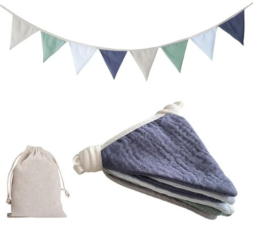 BURGEON Guirnalda de banderines para habitación infantil, de tela, con bolsa de yute, decoración para habitación de bebé, para niñas y niños, muselina de algodón, para cama de casa, cuna de bebé,