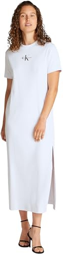 Calvin Klein Donna Abito a T-Shirt Monologo Long Rib Tee con Scollo Rotondo, Bianco (Brilliant White), XL