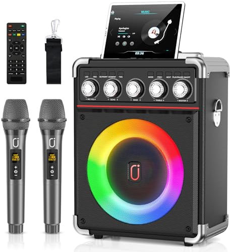 JYX Karaoke 2 microfonos inalambricos, portatil Karaoke Profesional Completo, Altavoz Karaoke de Sistema PA potatil y Luz LED y Mando a Distancia, soporta Bluetooth/TF/USB/AUX/TWS