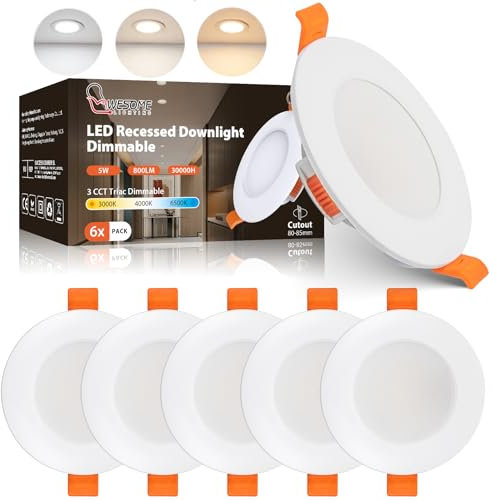 Wesome Lighting Ultraplatt LED Inbyggd Spot 230V, 5W 550LM Dimmbar, 3 Färgtemperaturer (3000K/4000K/6500K), IP44 Badrum Taklampa, 6-pack, Energiklass C (5W 550LM, Φ80-85mm)