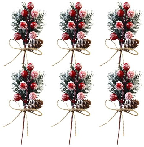 Falafoty 6 Pezzi Plettri di Pino Artificiale Aghi di Pino con Bacche Rosse Pigne di Natale Rami dell'albero di Natale per Gli Alberi delle Ghirlande di Natale Composizioni Floreali