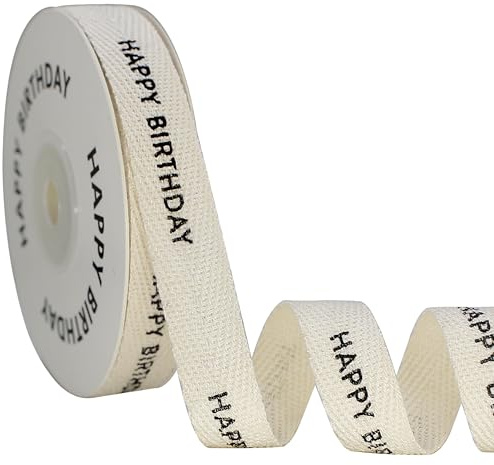 OZXCHIXU 10 Yards 5/8 Inch Cotton Ribbon Natural Twill Tape Cotton Imprinted with the Words Happy Birthday Ribbon for Gift Wrapping Baking Crafts Party Supplies Bow Making Home Decor.
