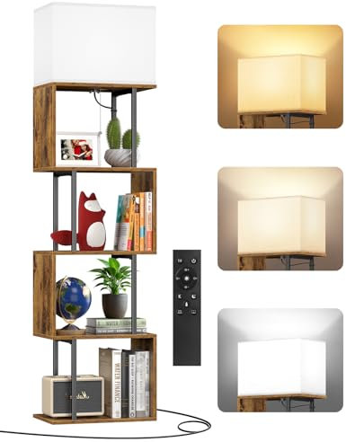 OUTONLIFE Lampadaire sur Pied avec Bibliothèque en S, 5 Niveaux, Réglable avec 3 Températures de Couleur, Design Moderne avec Étagères et Télécommande pour Salon, Chambre et Bureau