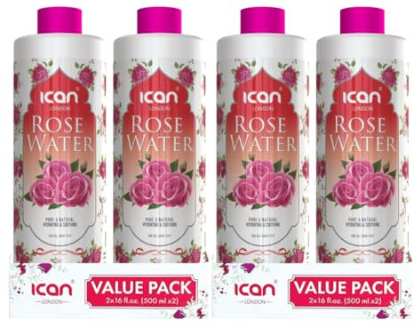 Ican 100% Natural Rose Water, Hydrating and Purifying, 4 x 500ml