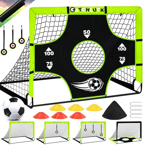 CATCHLUCK Fußballtor Kinder, Fussballtore für Garten Kinder, Pop Up Tore mit Zielbereichen, DREI Ziele, Fußball, 6 Hindernisse und Tragetasche, Grün