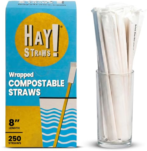 Hay Straws 8 inch Individually Wrapped Compostable Drinking Straw Eco Friendly, 250 Count Biodegradable Disposable Straw for Juices, Smoothies, Plant-Stem Straws, No Paper, Plastic-Free (5–6.5mm)