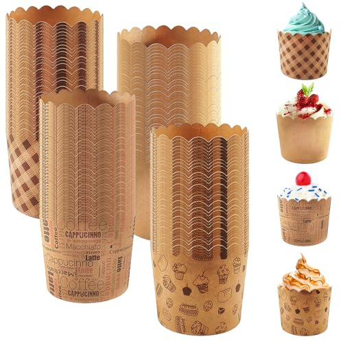 PRITOK Mini muffins pappersformar: 200 stycken muffinsformar papper, små cupcake-formar, kraftpapper muffins bakbägare, muffinsformar för påsk, bröllop, fest, panettone, fyra mönster