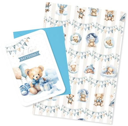 Set Battesimo Biglietto e Carta da Regalo, Orsetto Blu, 16x12 cm e 100x70 cm