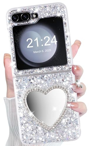 WATACHE Galaxy Z Flip 6 Case Glitter Love Mirror Silver | Flip Protective Cover for Samsung Galaxy Z Flip 6 2024 5G for Women Girl - Silver