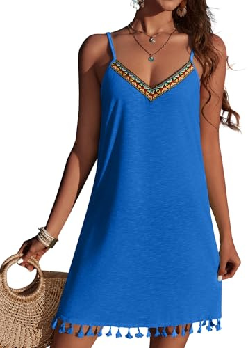 Ekouaer Beach Coverups for Women UK Boho Embroidered Beach Dress V Neck Adjustable Spaghetti Strap Bikini Cover Ups Tassel Hem Lightweight Summer Dress, L, Sapphire Blue
