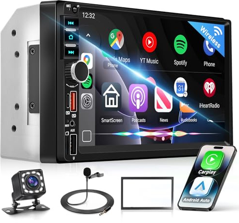 VECHTEL 7 Autorradio 2 DIN con CarPlay inalámbrico, Android Auto, Radio FM con Bluetooth, navegación GPS, 2 Puertos USB/Tipo-C/SD, vídeo Online, Pantalla táctil IPS y cámara de Marcha atrás.