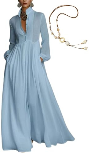 Maxi abito da donna minimalista in cotone e lino patchwork monopetto colletto alla coreana a maniche lunghe, tinta unita casual camicia abito, Blu, M